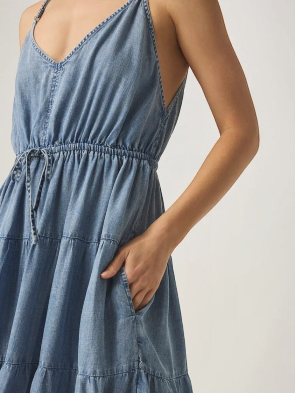 Splendid Boho Denim Tiered Midi Dress Size S Adjustable Strap Western Dress - Picture 5 of 8